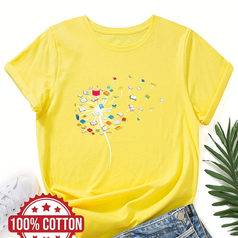 Women's "Dandelions and Books" Graphic T-Shirt.