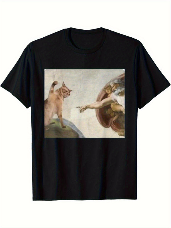 Men's Funny Cat God Creation of Adam Meme T-Shirt.