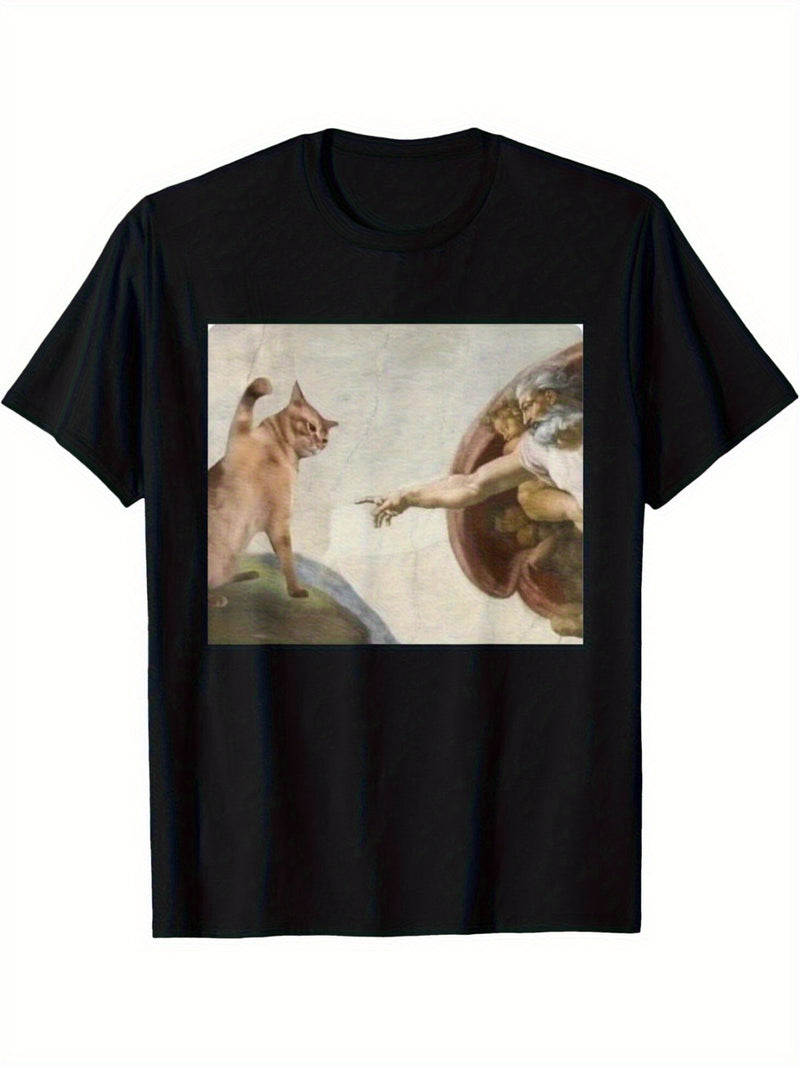 Men's Funny Cat God Creation of Adam Meme T-Shirt.