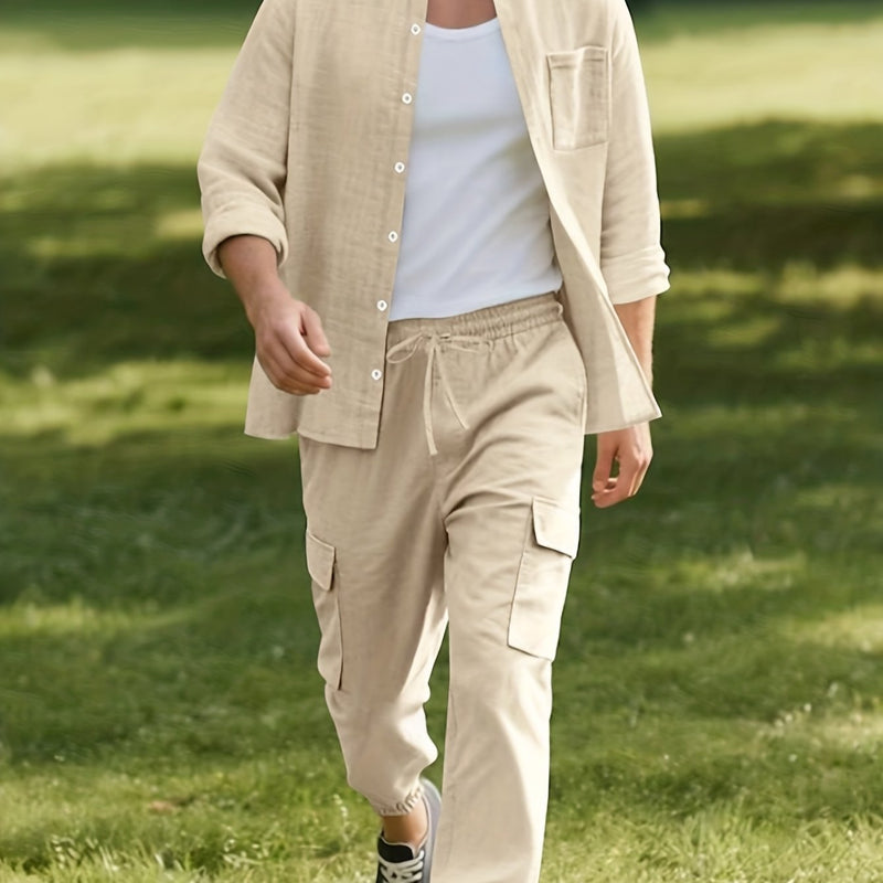 Men's Solid Color -Linen Suit, a Two-Piece Set for Sporty Comfort.
