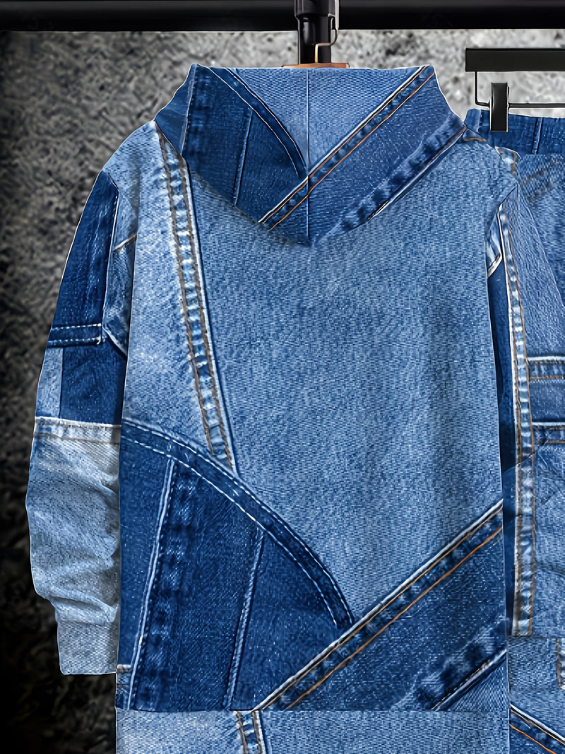 Men's Autumn Lettered Faux Denim Effect Hoodie And Sweatpants Two-Piece.