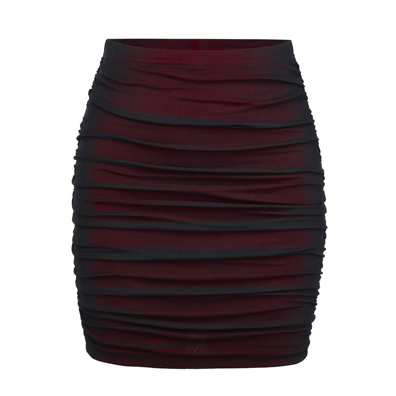Red And Black Color-Blocked Mesh Bodycon Skirt.