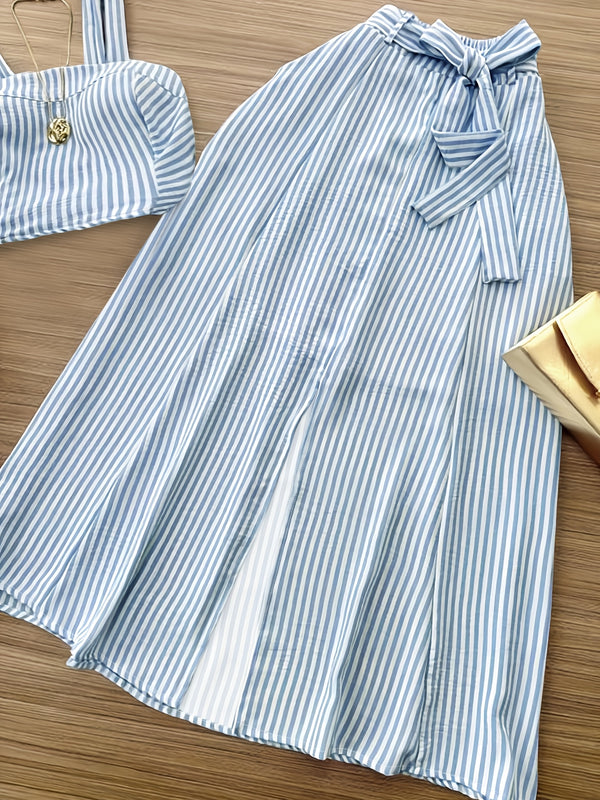 Women's Fashion Casual Commuter Striped Vest and Midi Skirt 2pcs Set.