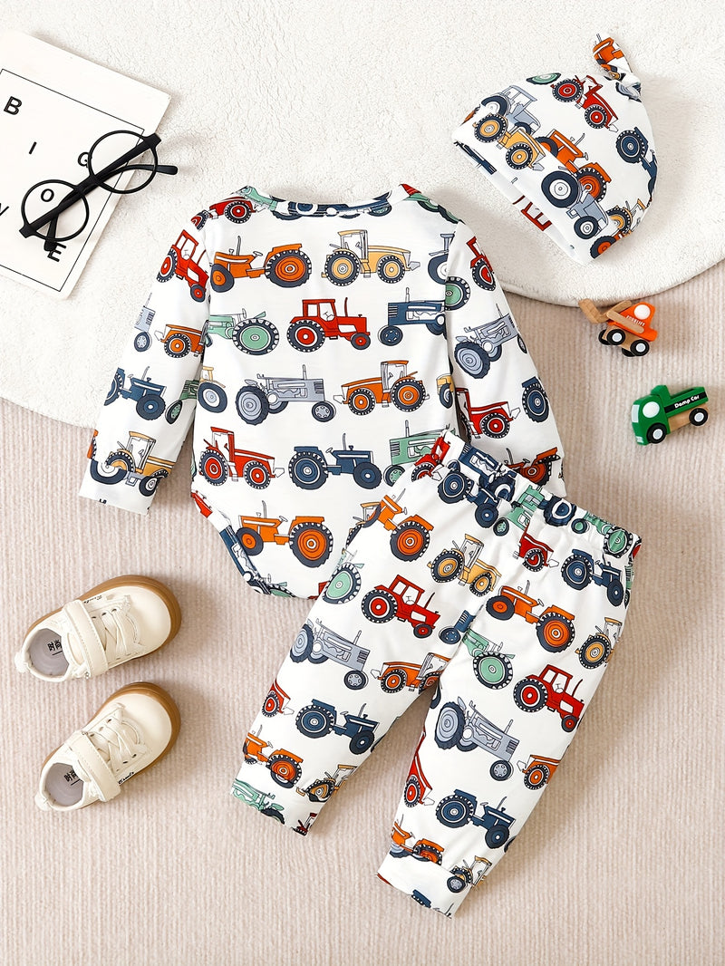 Boys' Cute Cartoon Tractor All-Over Print Romper and Comfortable Pants.