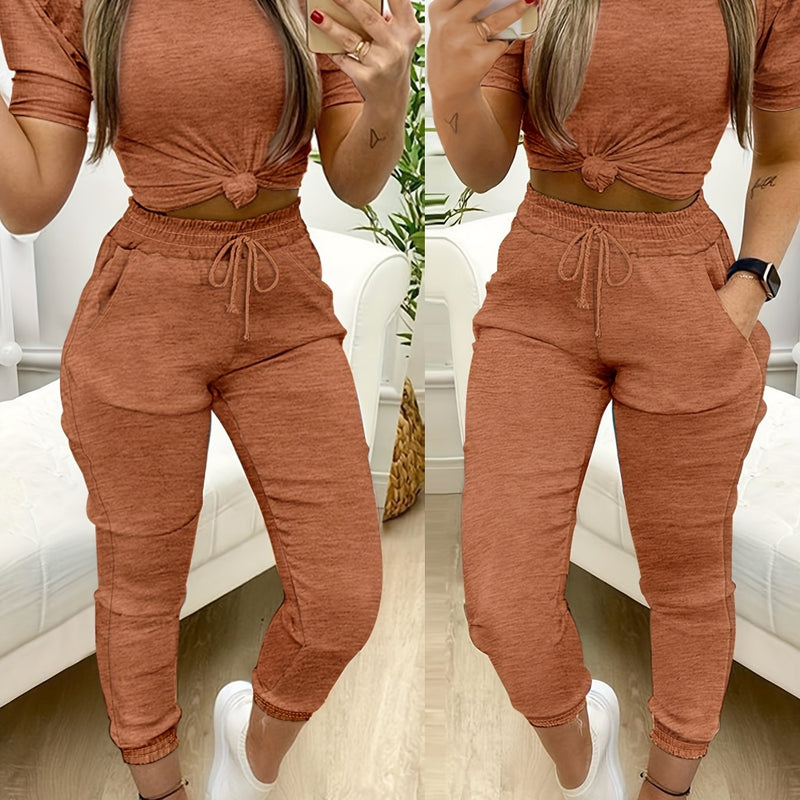 2pcs Women’s Round Neck Puff Sleeve Top with Pants.