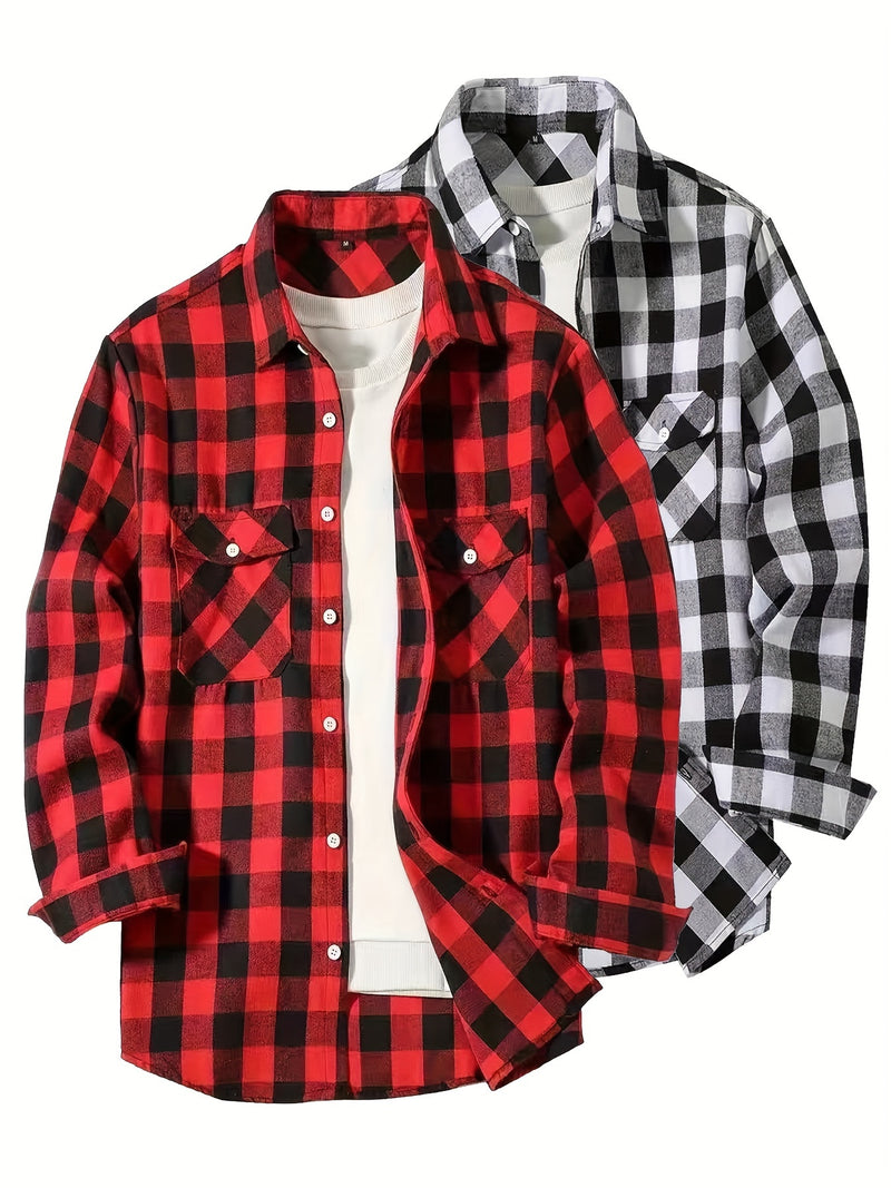 3pcs Men's Plaid Shirt Top with Turn- Collar Long Sleeve Button-Up.