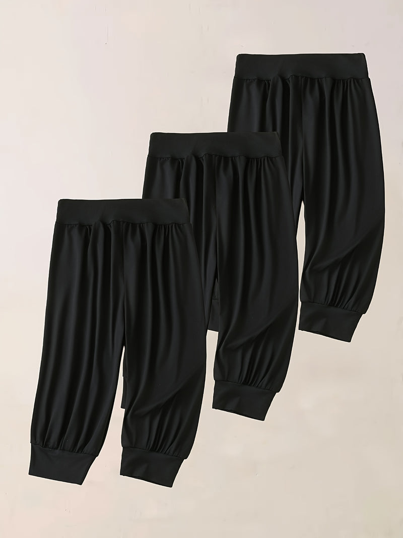 3pcs Women's 7/8 Harem Pants - Casual Stretch Polyester.