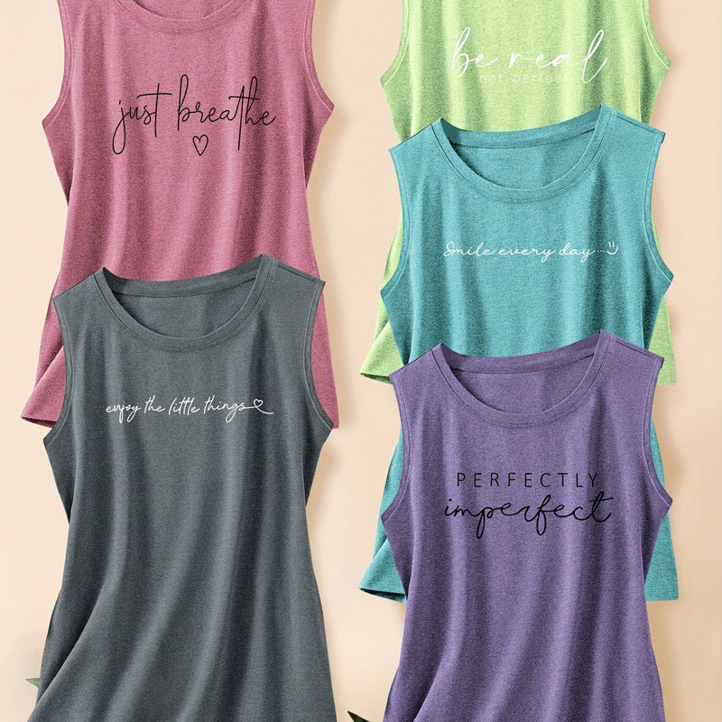 5pcs Women's Vest Tops with English Letter Print.