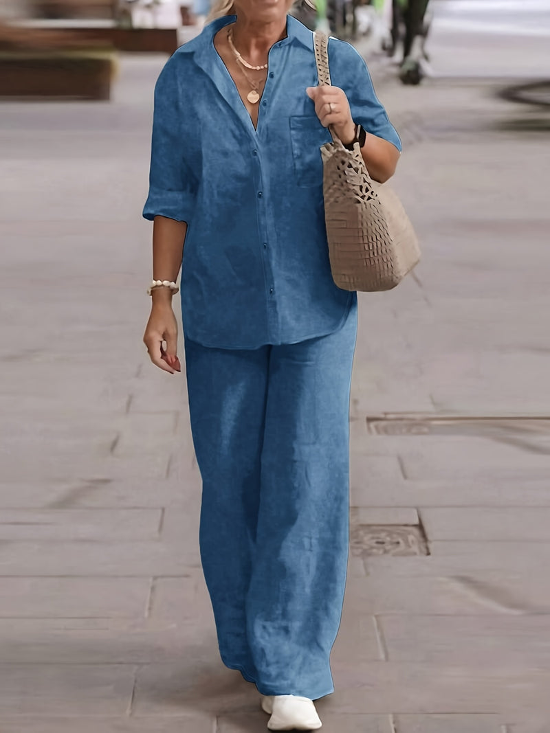 Women’s Casual Collar Cardigan and Wide-Leg Pants Set.