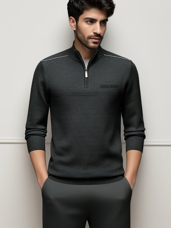 Men's Solid Color Simple Zip-Up High-Neck Long-Sleeve.