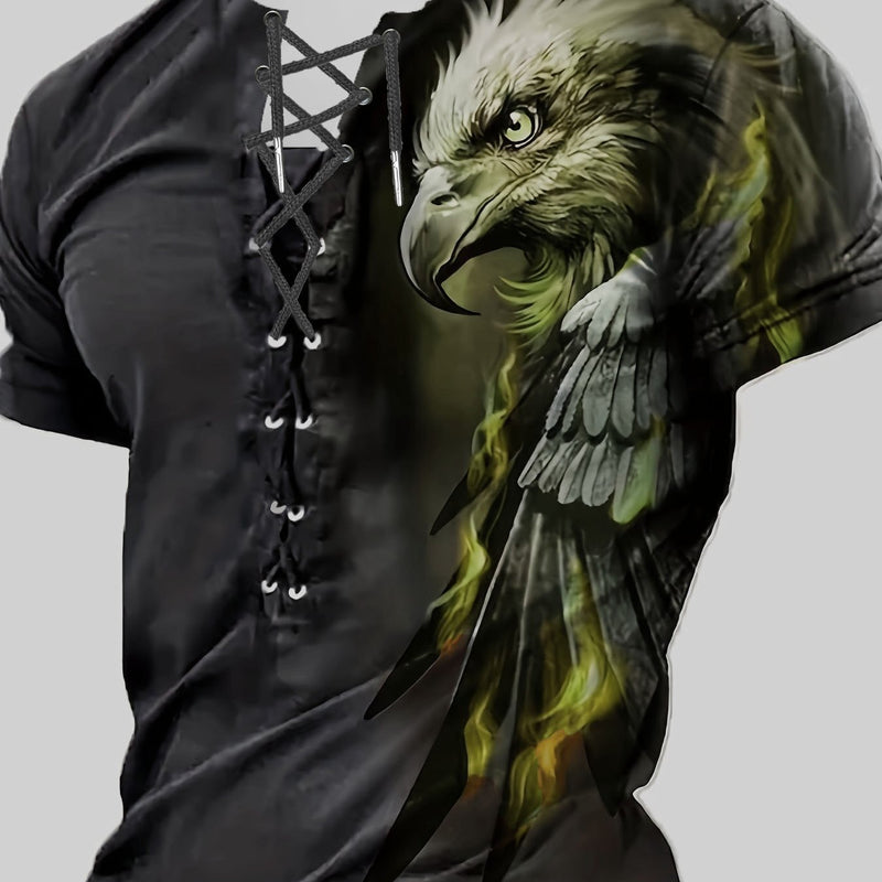 Men's Casual Henley Shirt - Red, Blue, Green, Yellow, Cyan Eagle Print Tie-Back.