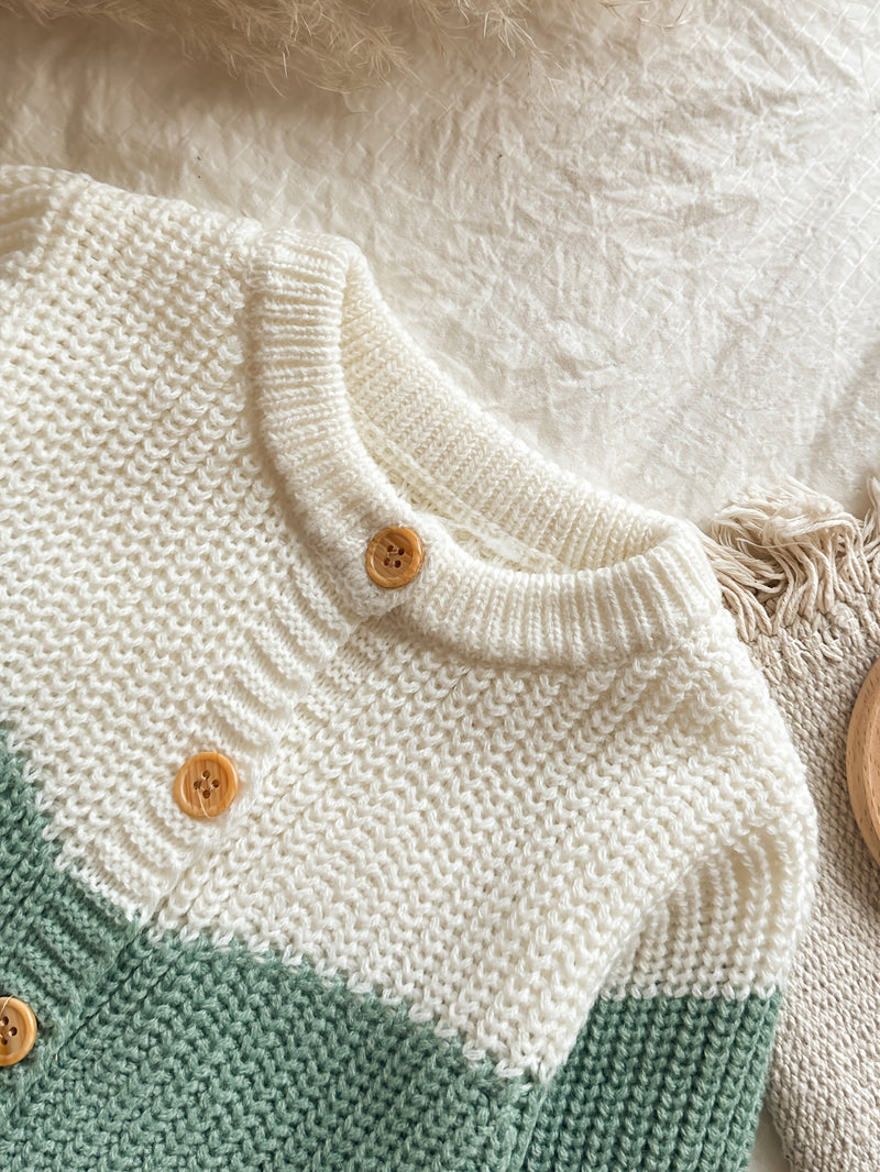 Baby Retro Tricolor Color Blocking Knitted Cardigan.