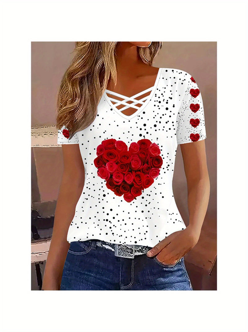 Elegant Women's Short-Sleeve T-Shirt with Heart And Rose Floral Print.