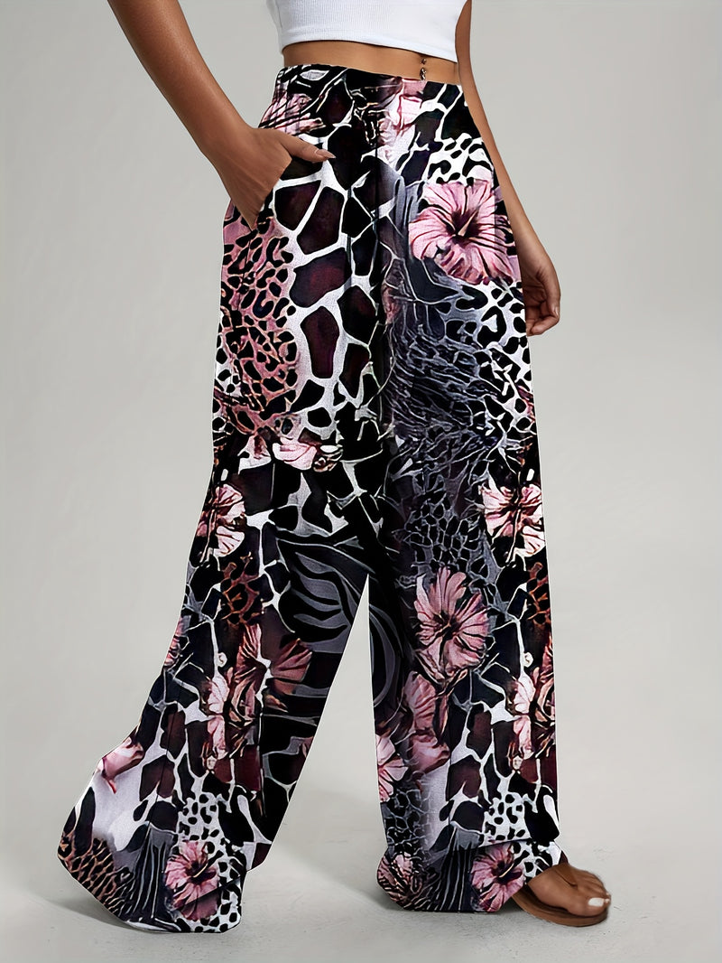 Women's Bohemian Floral & Animal Print High-Waisted Wide-Leg Pants.