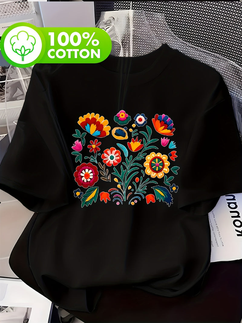 Women’s Casual Short-Sleeve T-Shirt with a Floral Graphic Print.