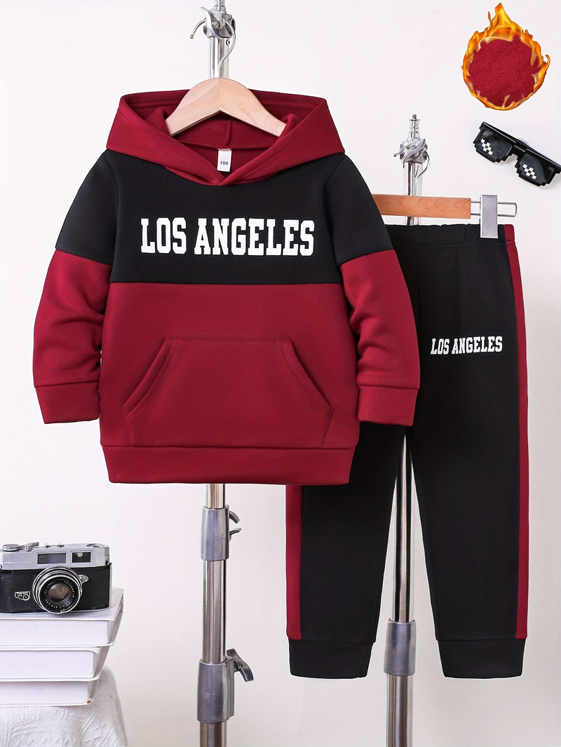 2pcs Boys Autumn/Winter Fleece-Lined Hooded Sweatshirt and Pants Set.