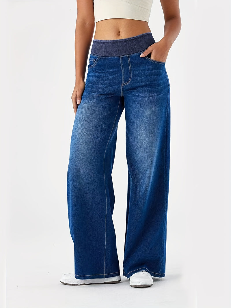 Women's Elastic Waist High-Waisted Wide-Leg Jeans.