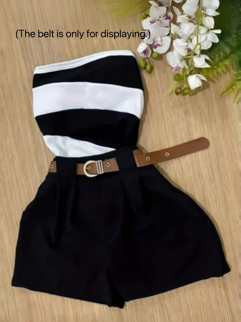 Women’s -Blocked Strapless Fitted Top Paired with Versatile Casual Shorts.