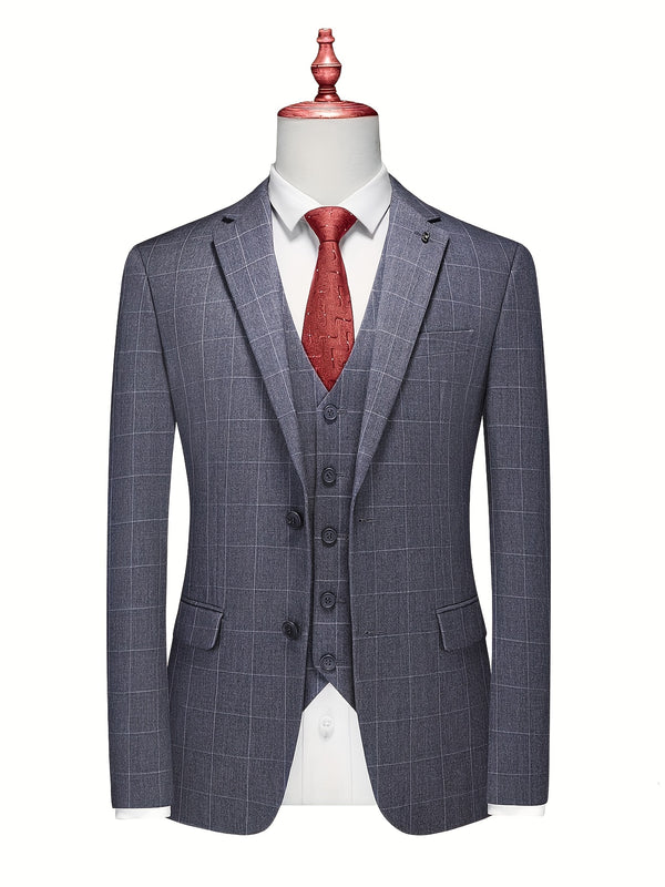 3pcs Men's Slim-Fit Checkered Suit - Notable Suit Suitable for Business.