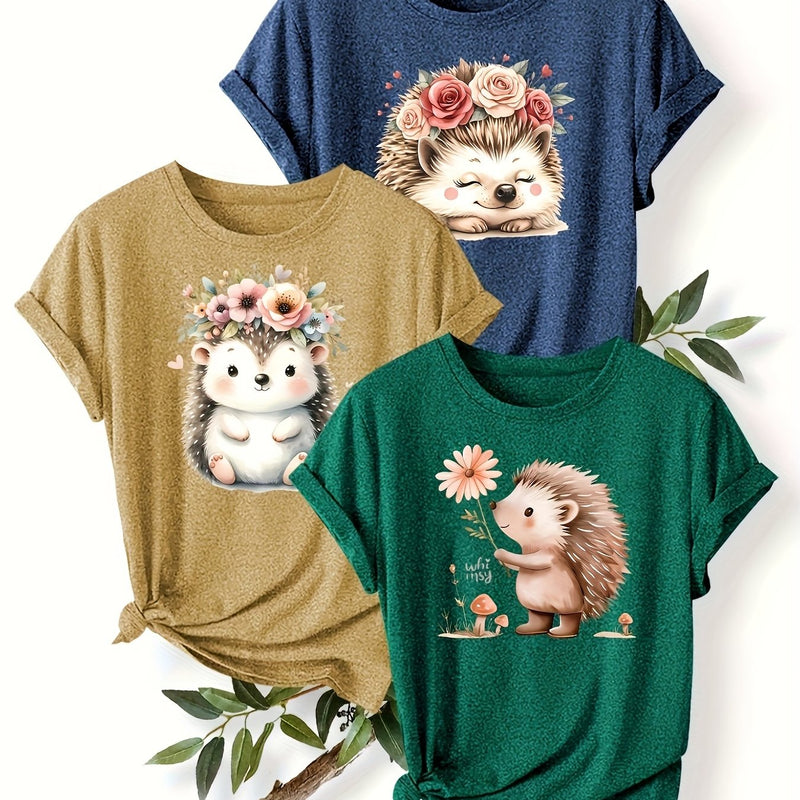 3pcs Women's Cute Hedgehog Graphic T-Shirts.