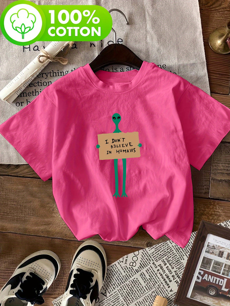 Women's Alien & "I Don't Believe in Humans" Slogan T-Shirt.