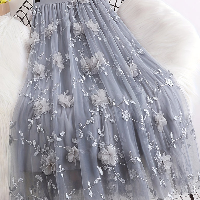 Women’s Double-layer Mesh Flared A-line Embroidered Floral Skirt.