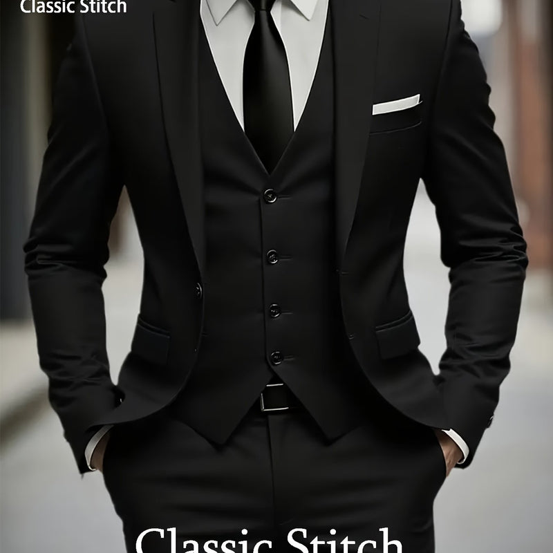 Men'S Three-Piece Suit with a Sophisticated Notch Lapel, Suitable for Weddings.