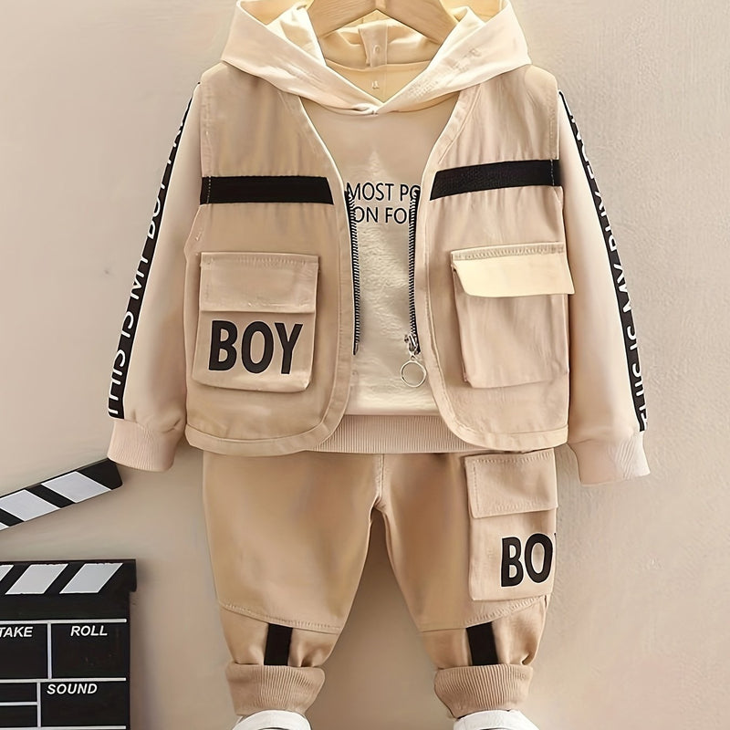 Boys Autumn Clothing Set, New Autumn Fashionable Vest Sweatshirt Three-Piece.