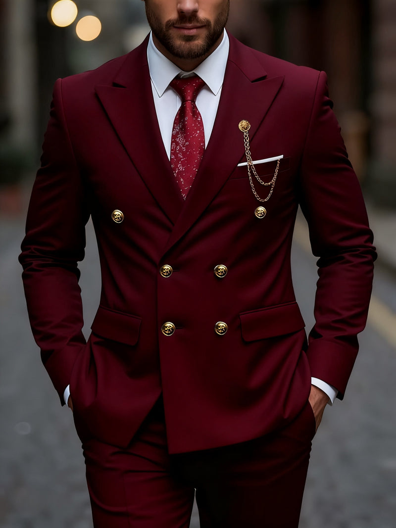 Men's 2pcs Suit, Double-Breasted Notch Lapel Solid Color Blazer and Pants Set.