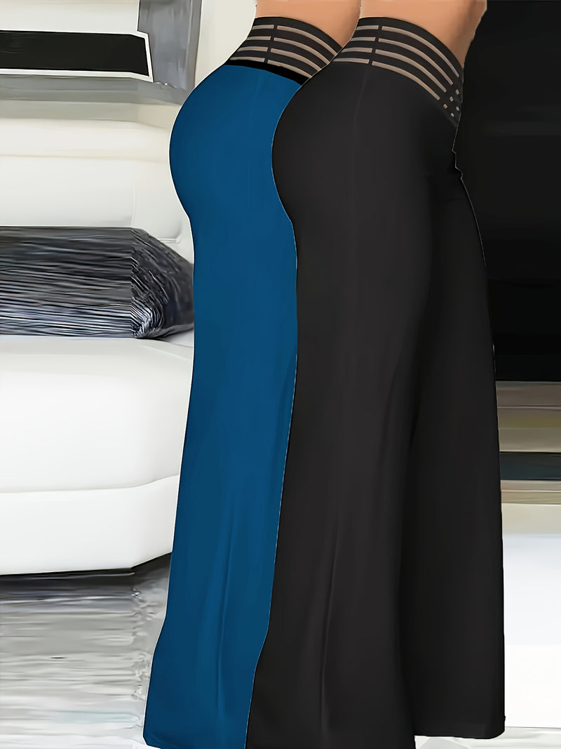 2pcs Women’s Fashion Solid Color Cross Transparent Mesh Patch High-Waisted Pants.
