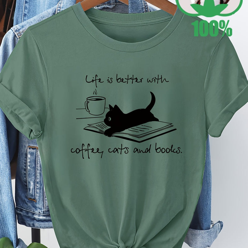 Women’s T-Shirt with a Coffee, Cat, And Book Pattern.