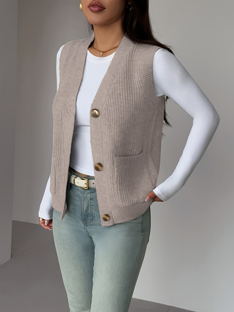 New Solid Color V-Neck Pocket Women's Sweater Vest.