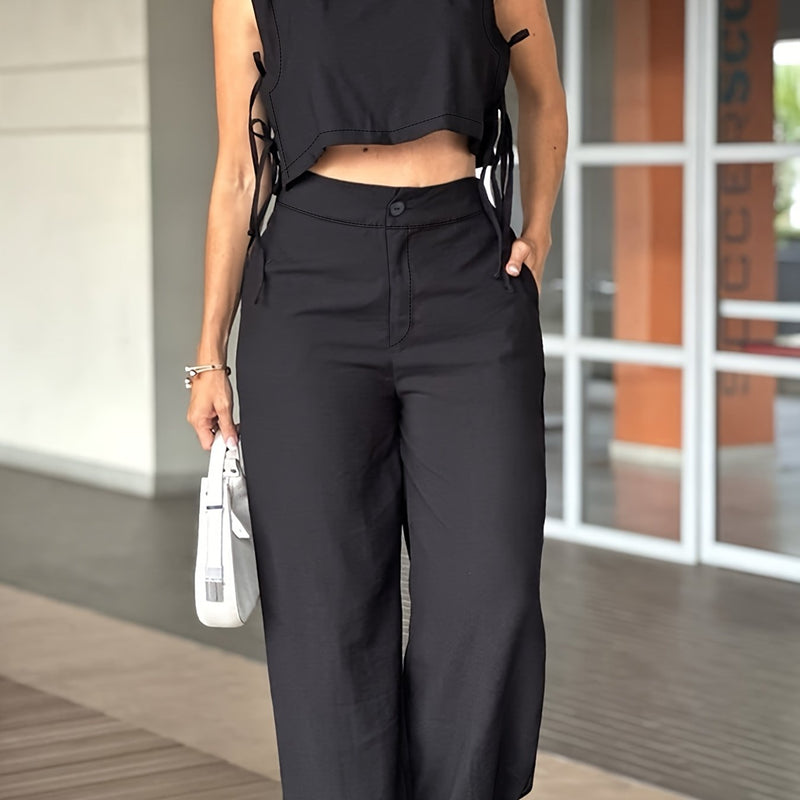 Women’s Elegant Solid Color Set with Side Lace-up Details.