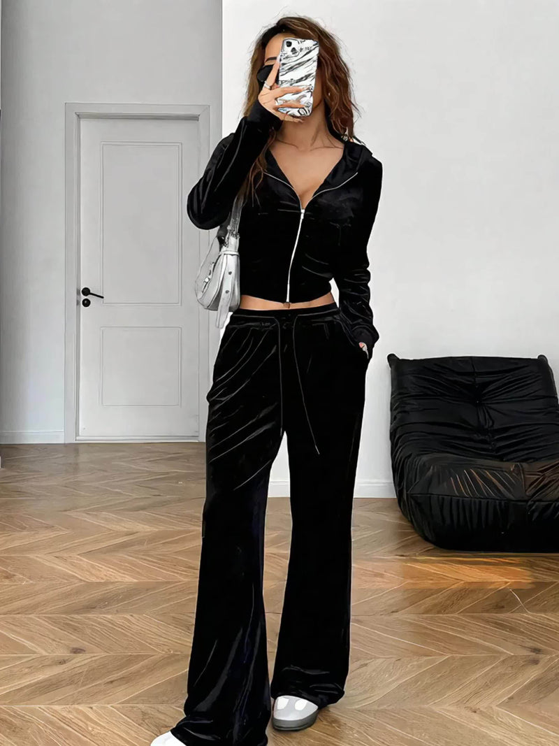 Women’s Black Rhinestone Decorated Hooded Zipper Top and Pocket Pants.