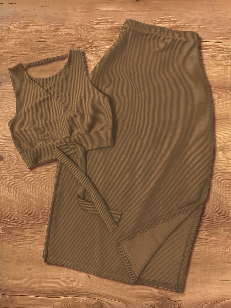 Sleeveless Top with a Slit Skirt Set.