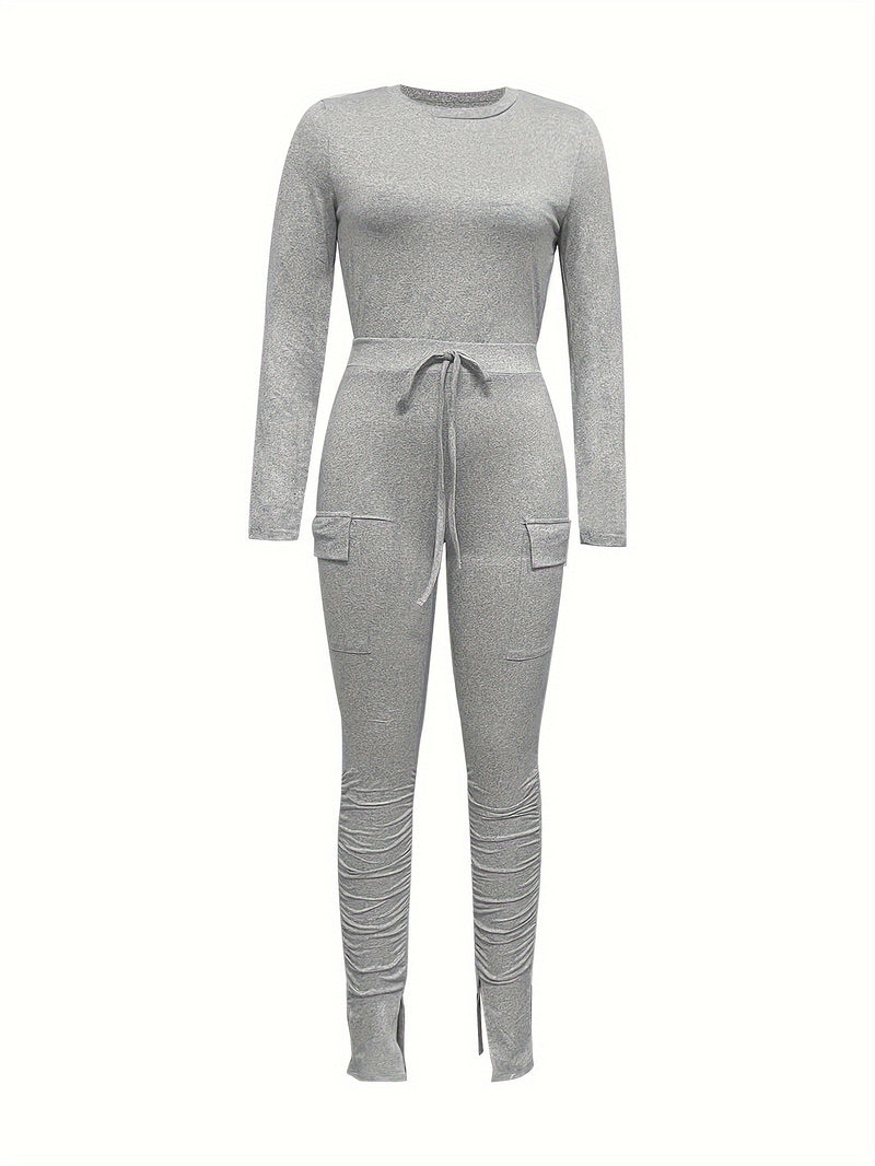 Women’s Solid Color Pocketed Long Pants Set.