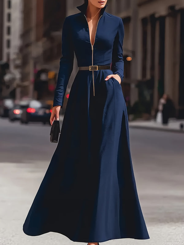 Women's Elegant A-Line Maxi Dress with Collar.