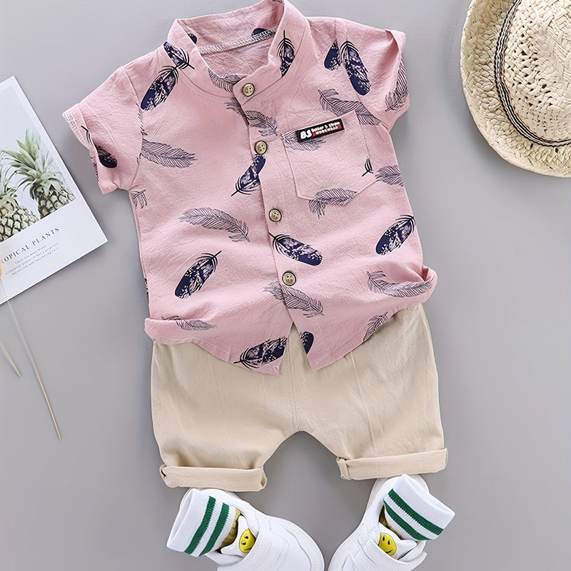 Youngsters Summer Feather Print Short Sleeve Shirt & Shorts Set.