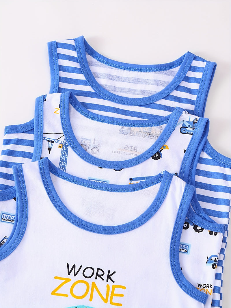 Boys Summer Tank Top Set 3pcs, Blue Print Sleeveless T-Shirt for Kids.