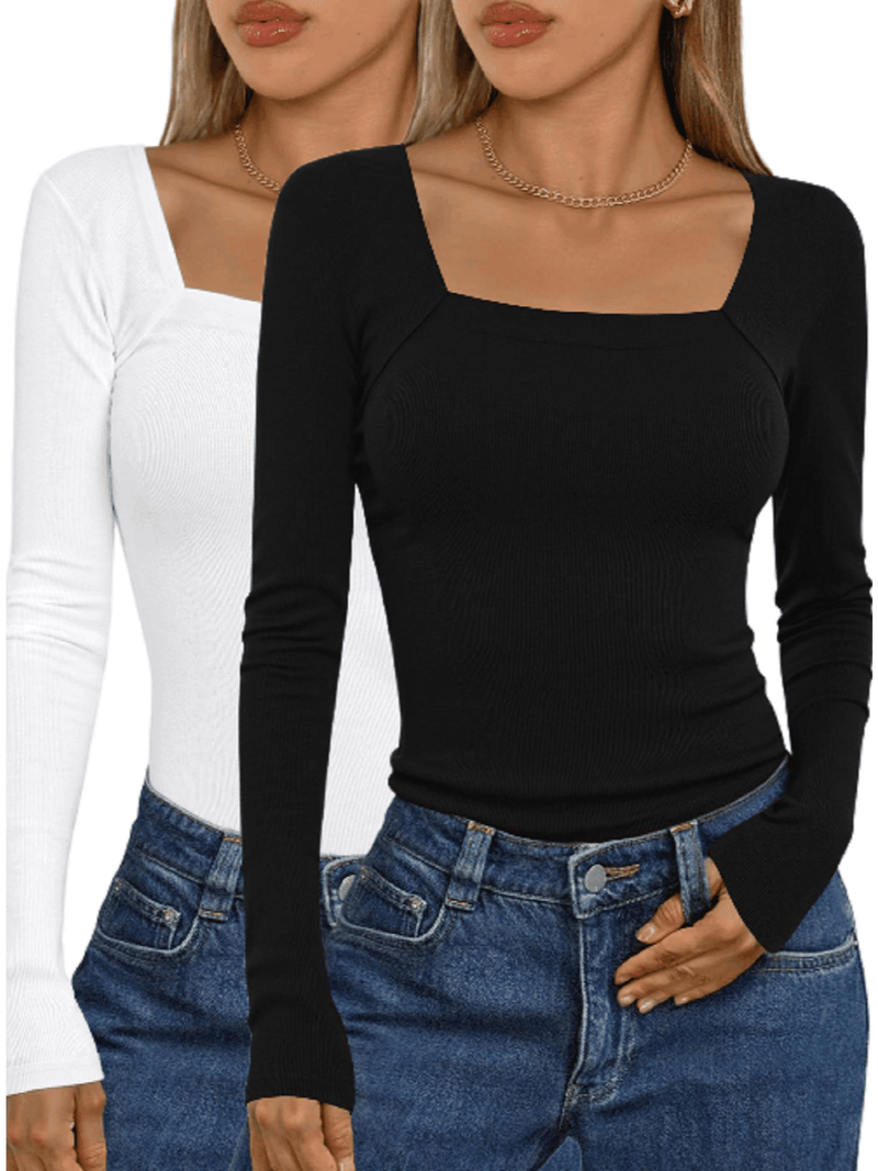 2 Packs Women's Elegant Long Sleeve Cotton Tops.