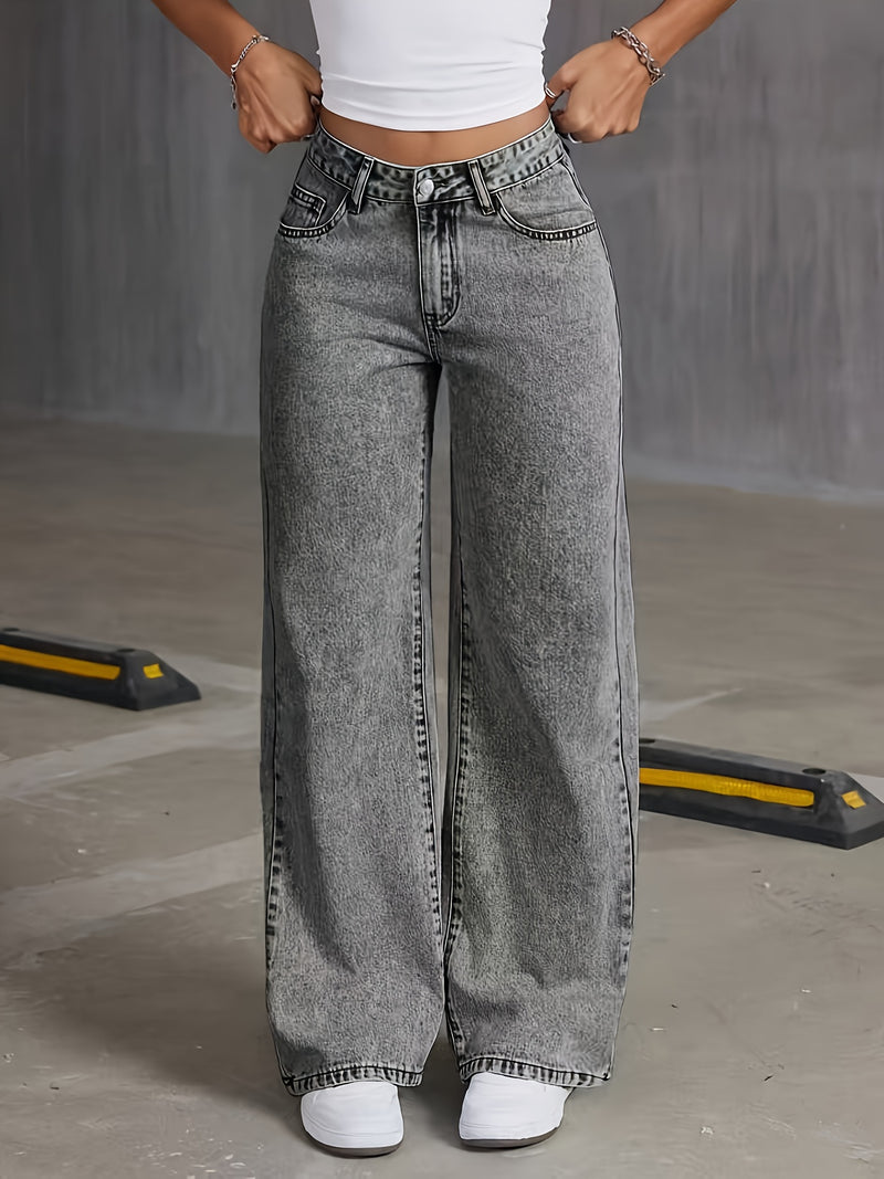 Women's High Waisted Wide Leg No Stretch Vintage Washed Jeans.