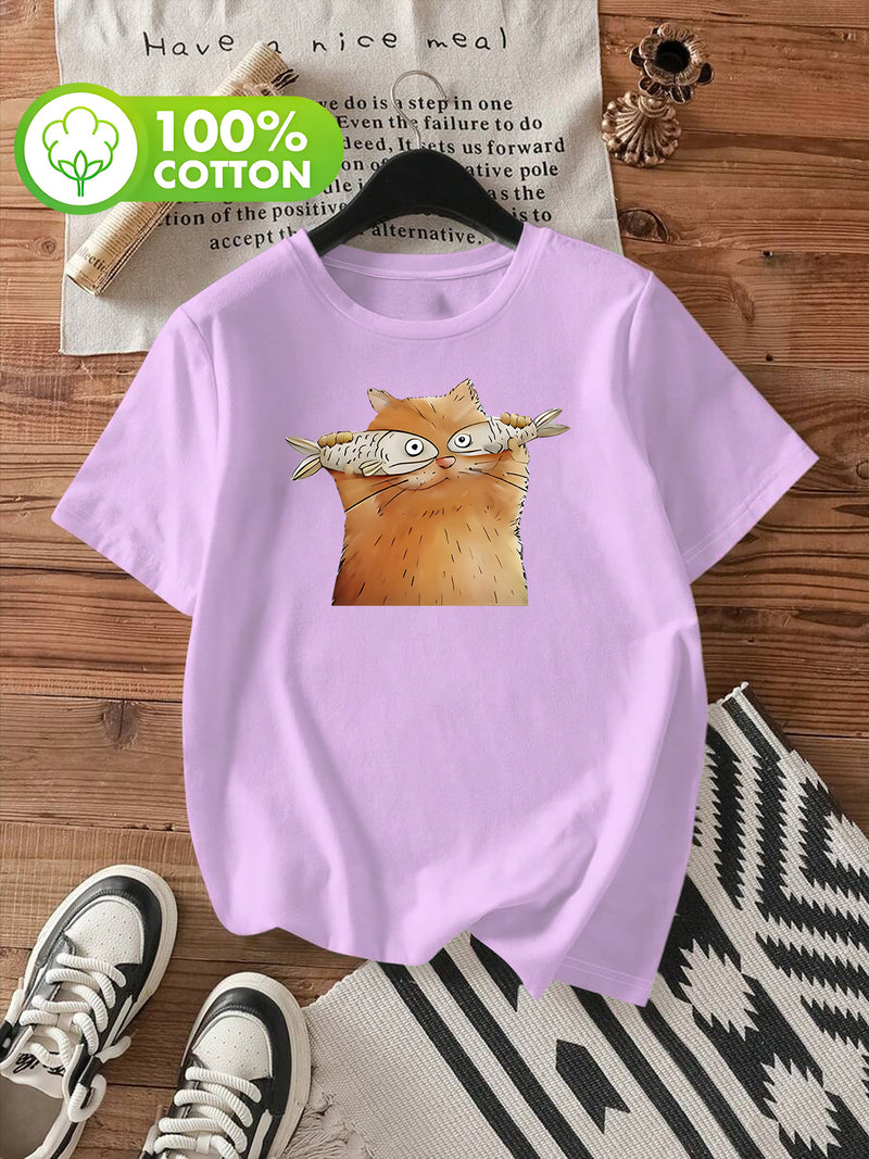 Women's Short-Sleeve T-Shirt with Cute Kitten & Cat Paw Print.