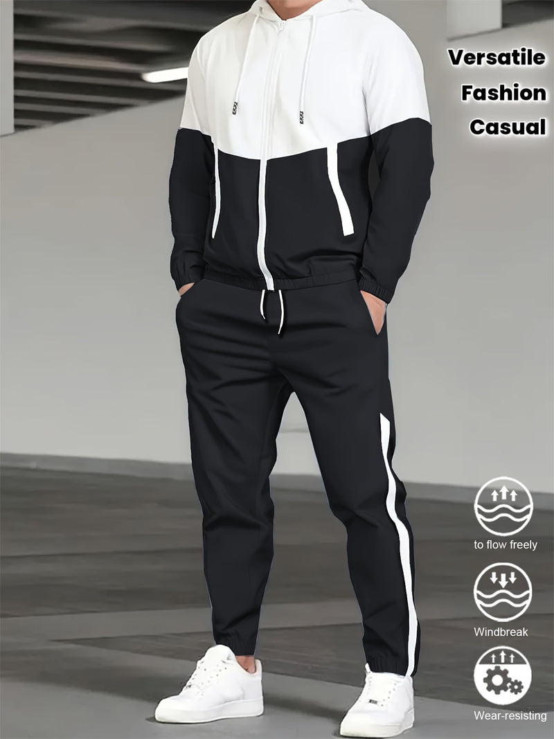 2pcs Men's Spring And Autumn Hooded Color-Block Casual Sports Suit.