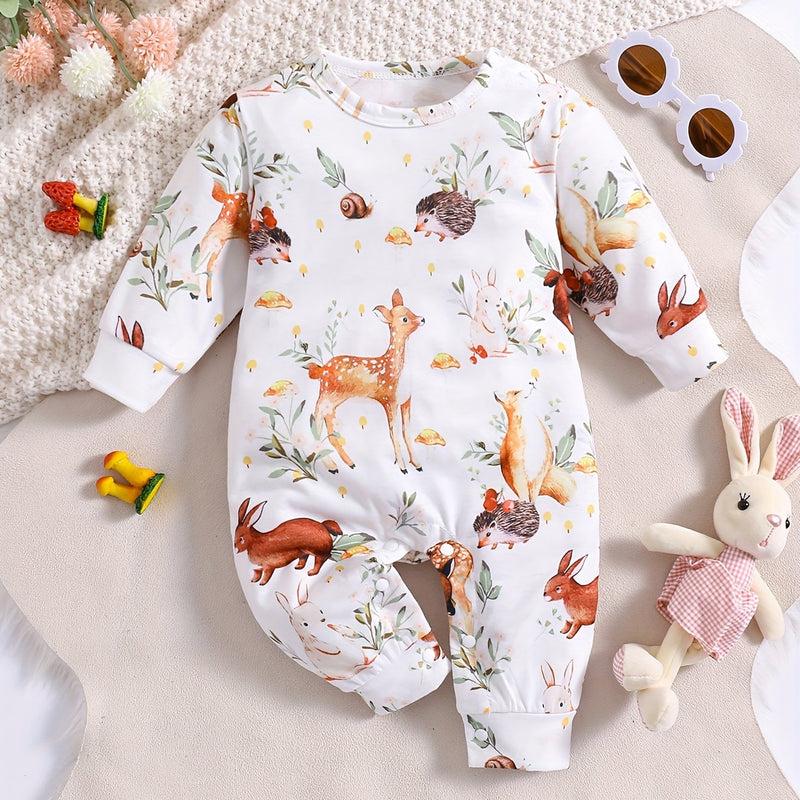 Children's Cartoon Animal Print Round Neck Long Sleeve Bodysuit.