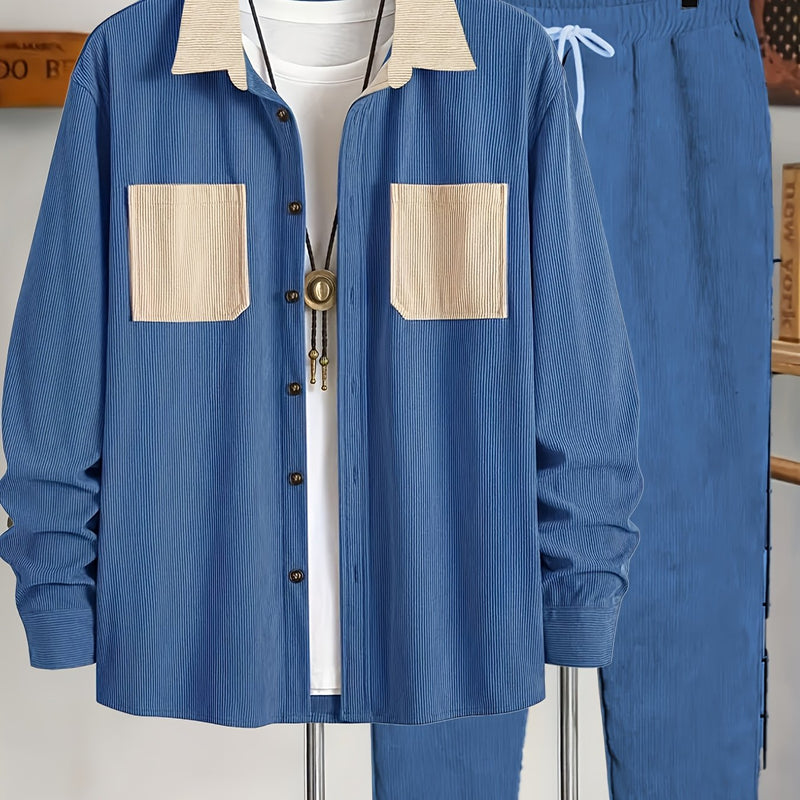 Men's Corduroy Outfit Set, Contrast Lapel Shirt Jacket + Simple Restraint Pants.