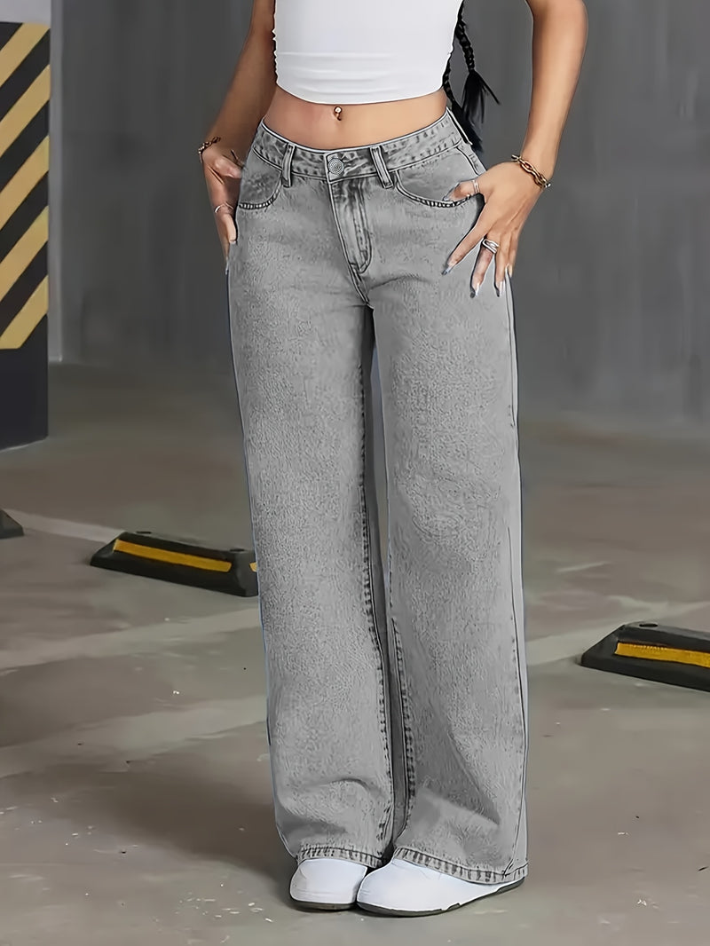 Women’s High Waist Grey Washed Wide Leg Jeans.