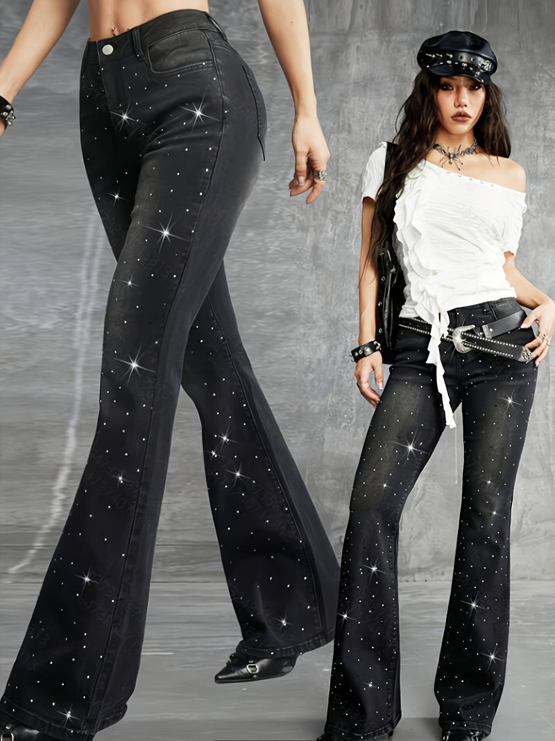 Women's Fashion Carnival Denim Rhinestone Low-Rise Flare Jeans.