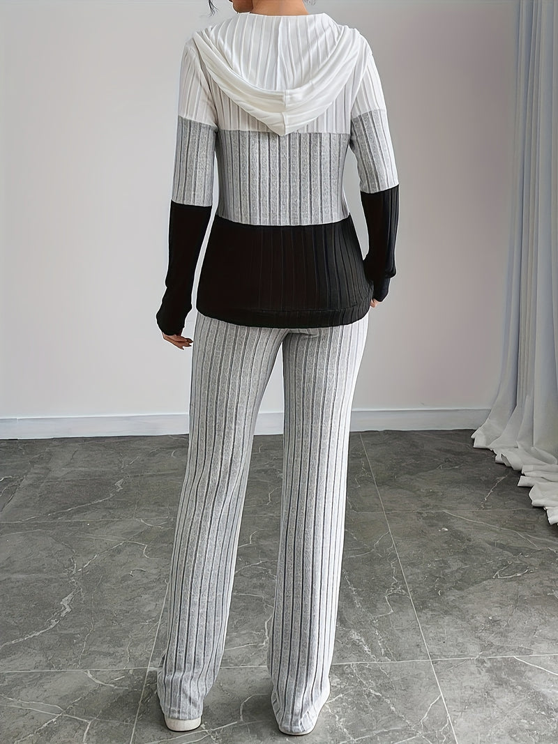 2pcs Women's Ribbed Hooded Sweatshirt and Pants Set.