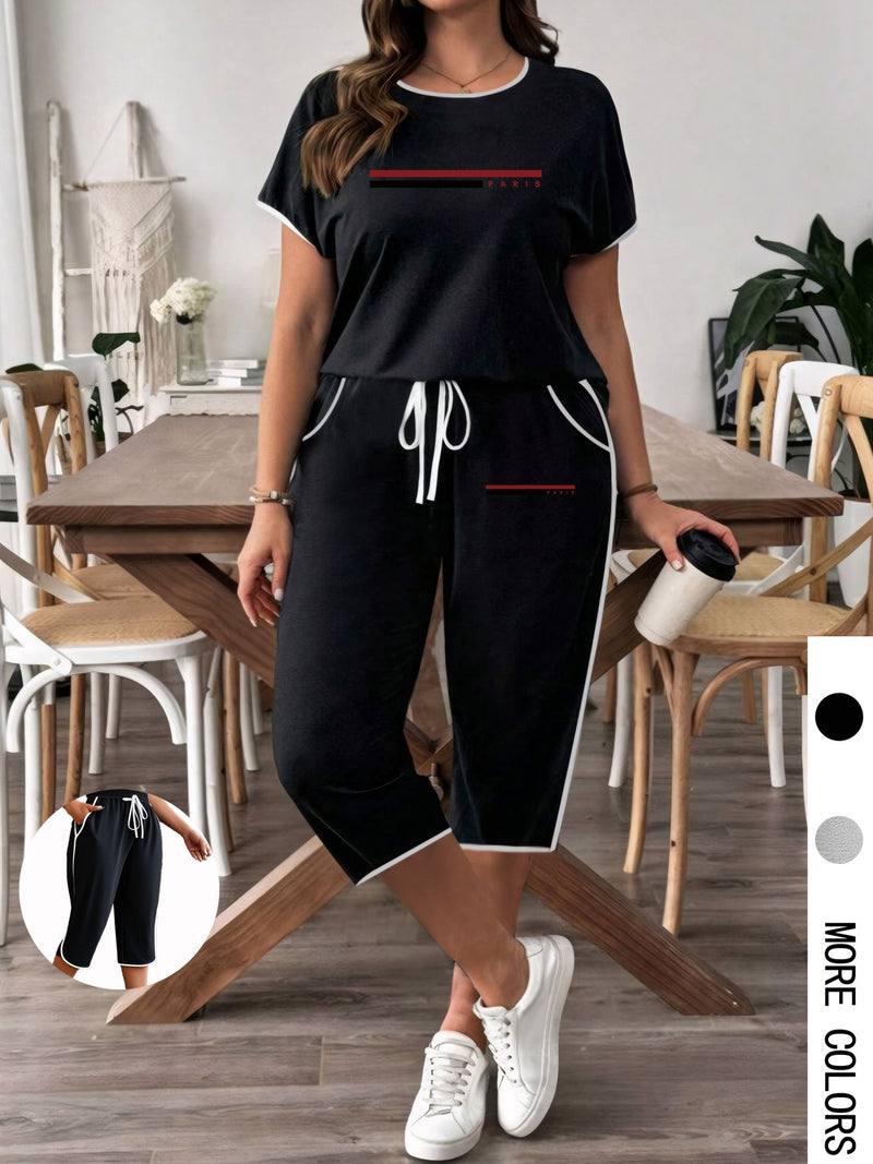 Women's Set PARIS Letter Print White Banded Crew Neck Short Sleeve T-Shirt.