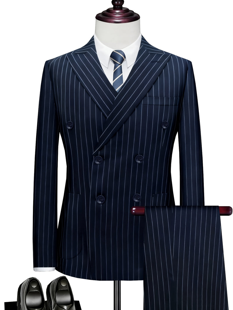 Men's Business Striped Suit, Double-Breasted Two-Piece.